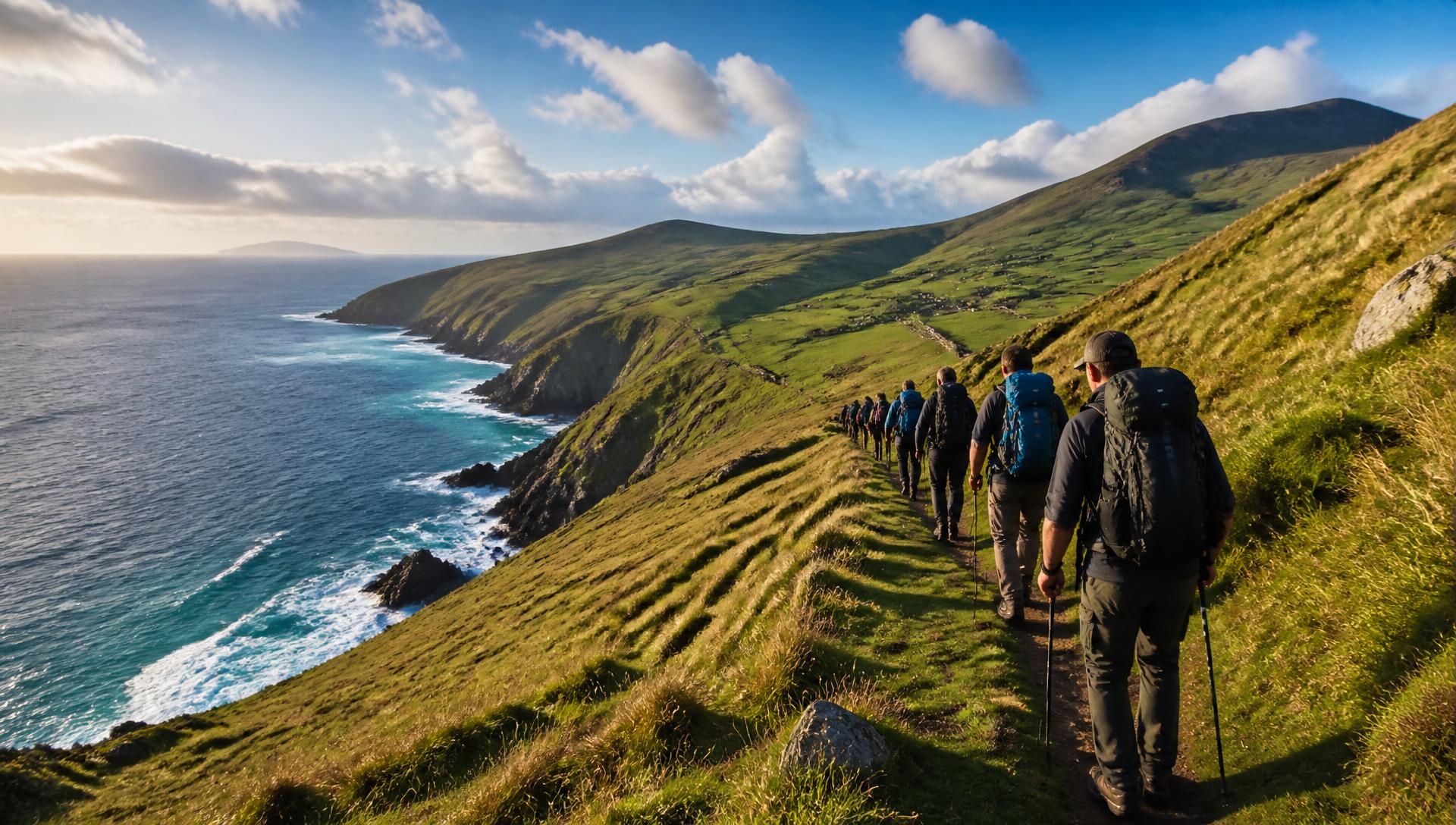 Hikers walking a clifftop trail above the sea